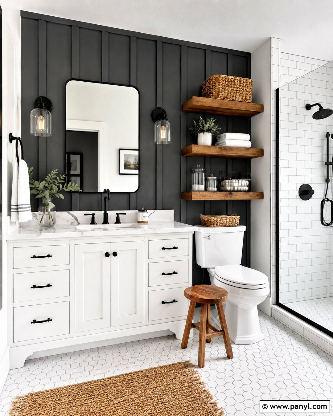 Dark Grey Shiplap and White Farmhouse Bathroom - 20 dark grey and white bathroom ideas