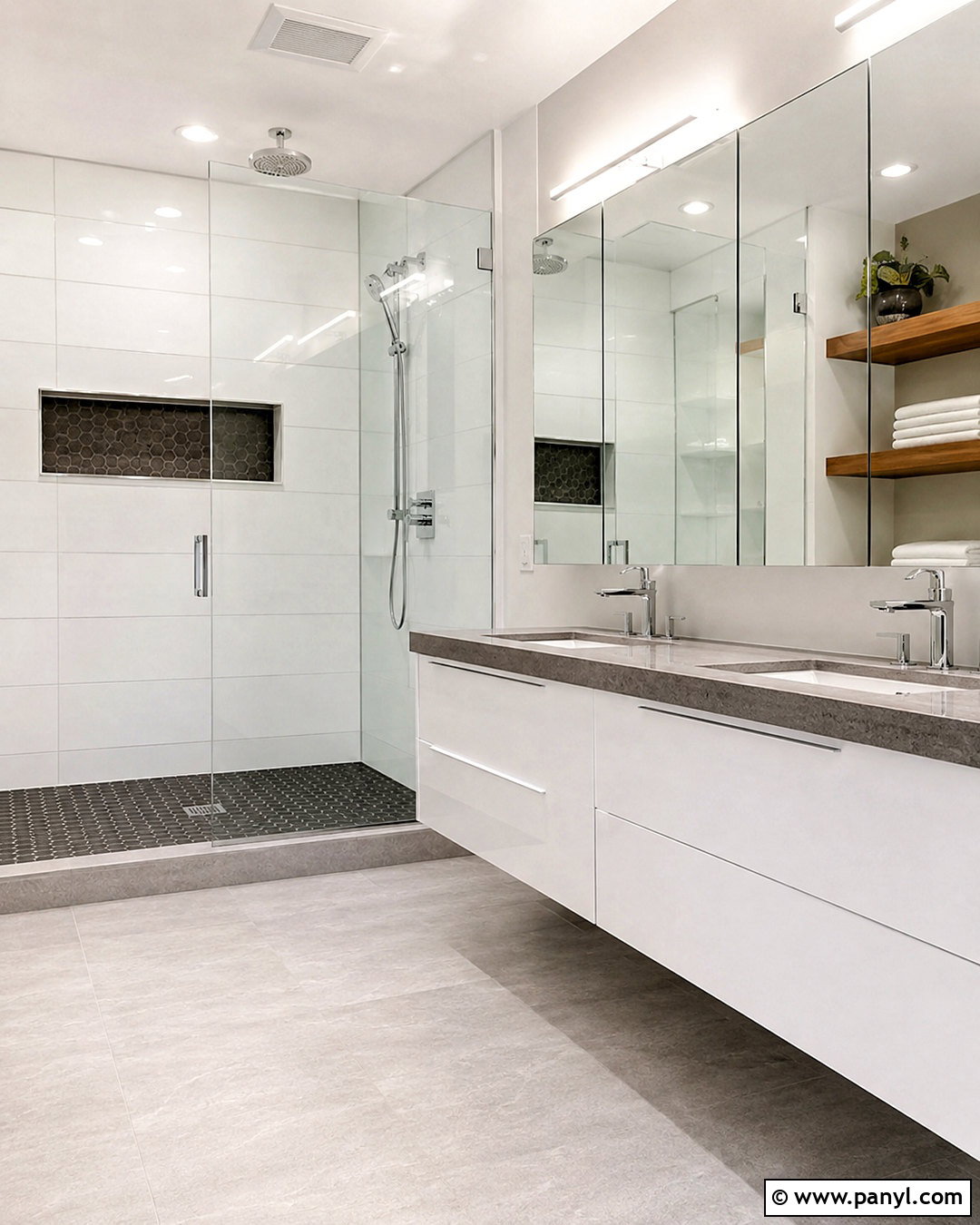 Dark Grey Shower Niche and White Tile Bathroom - 20 dark grey and white bathroom ideas