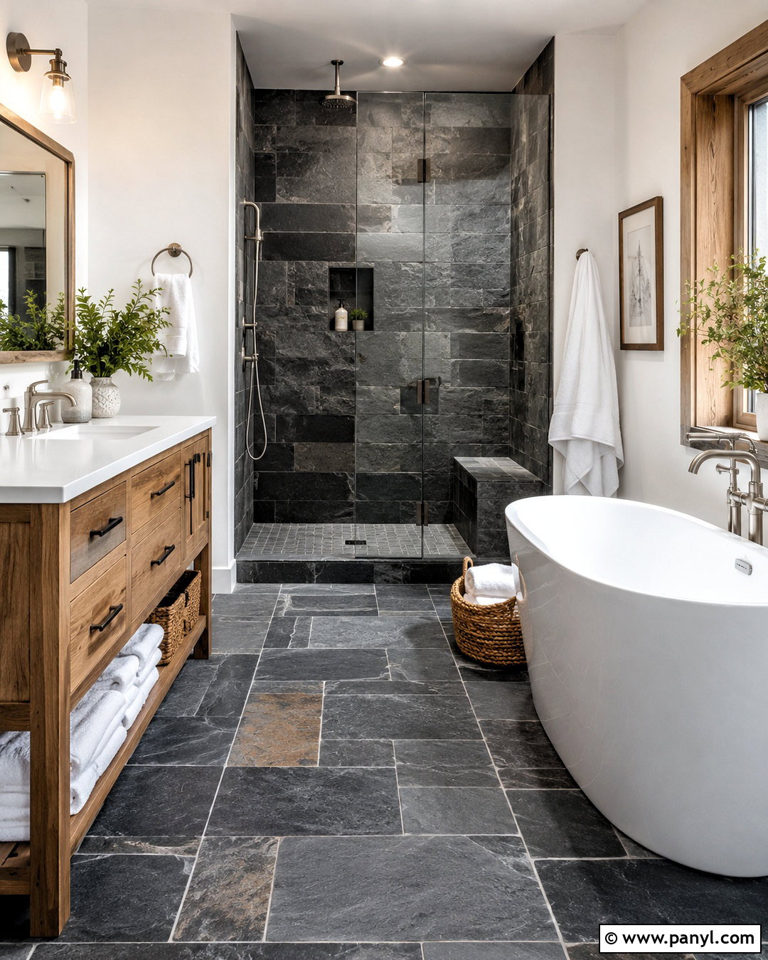 Dark Grey Slate and White Rustic Bathroom - 20 dark grey and white bathroom ideas