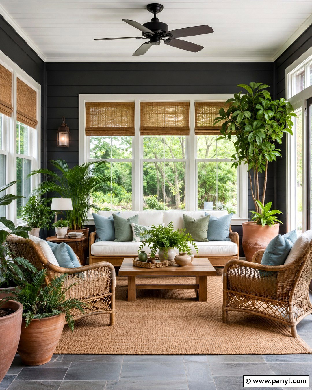 Dark Grey Sunroom Walls With Wicker Furniture - 20 Dark Grey Interior Walls