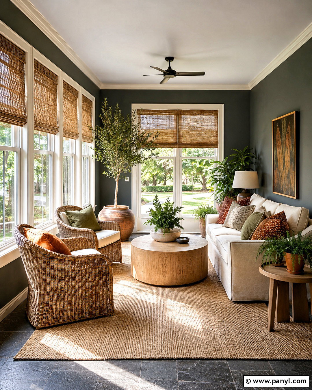 Dark Grey Sunroom With Woven Furniture - 40 Dark Grey Walls