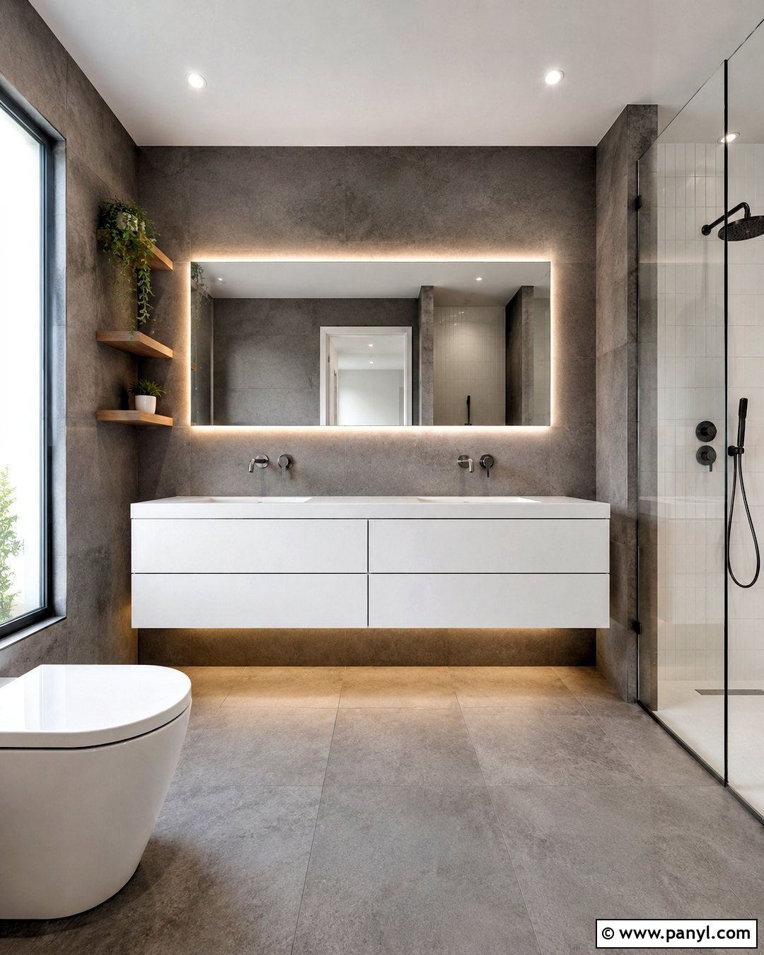 Dark Grey Tile and White Floating Vanity Bathroom - 20 dark grey and white bathroom ideas