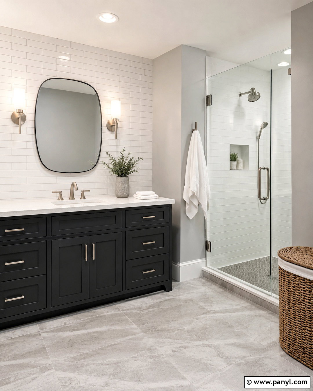 Dark Grey Vanity and White Subway Tile Bathroom - 20 dark grey and white bathroom ideas