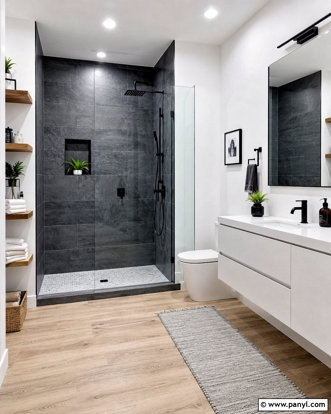 Dark Grey Walk-In Shower and White Bathroom Walls - 20 dark grey and white bathroom ideas