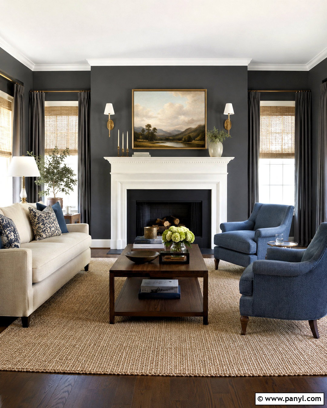 Dark Grey Walls With A White Fireplace - 40 Dark Grey Walls