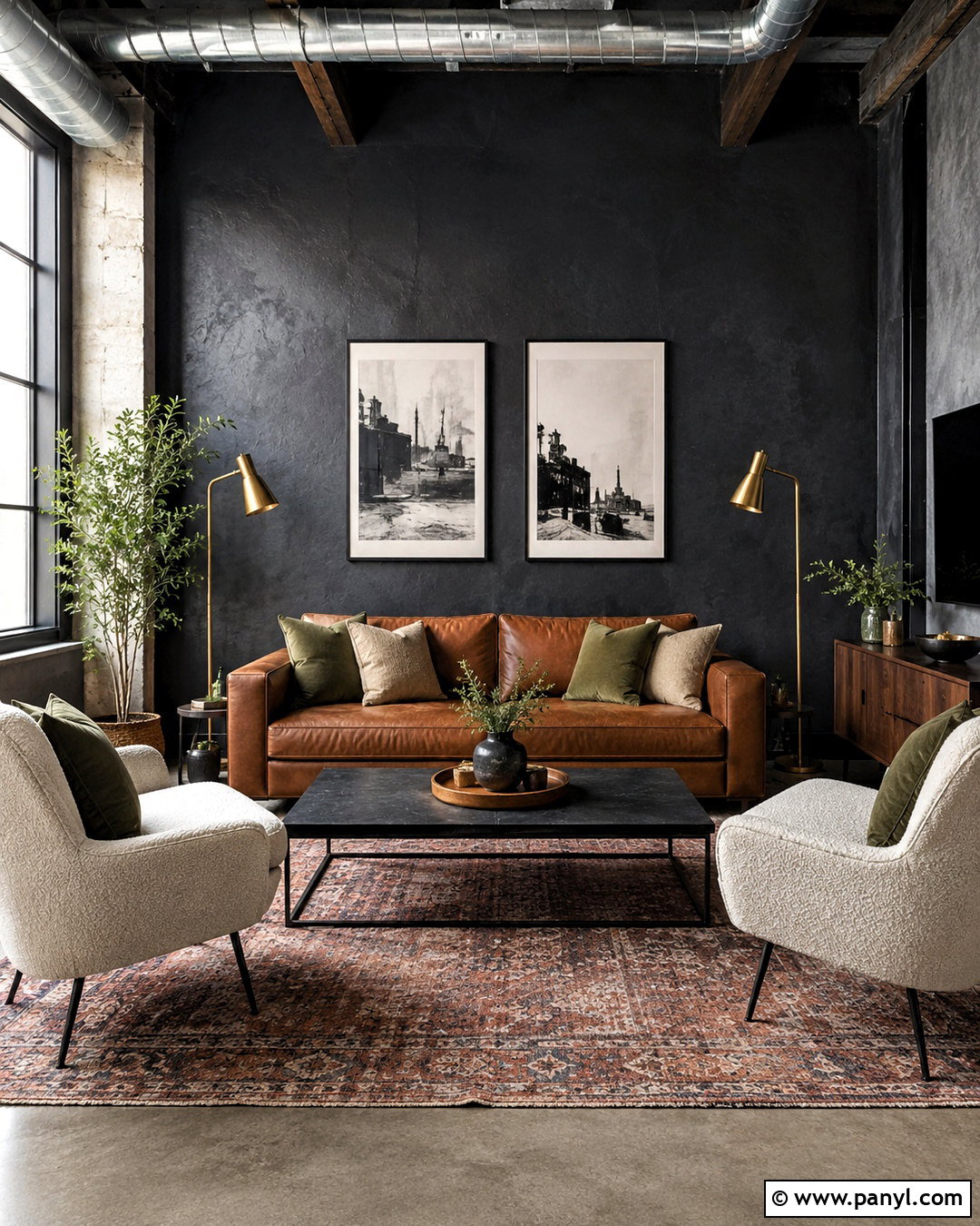 Dark Grey Walls With Caramel Leather - 40 Dark Grey Walls
