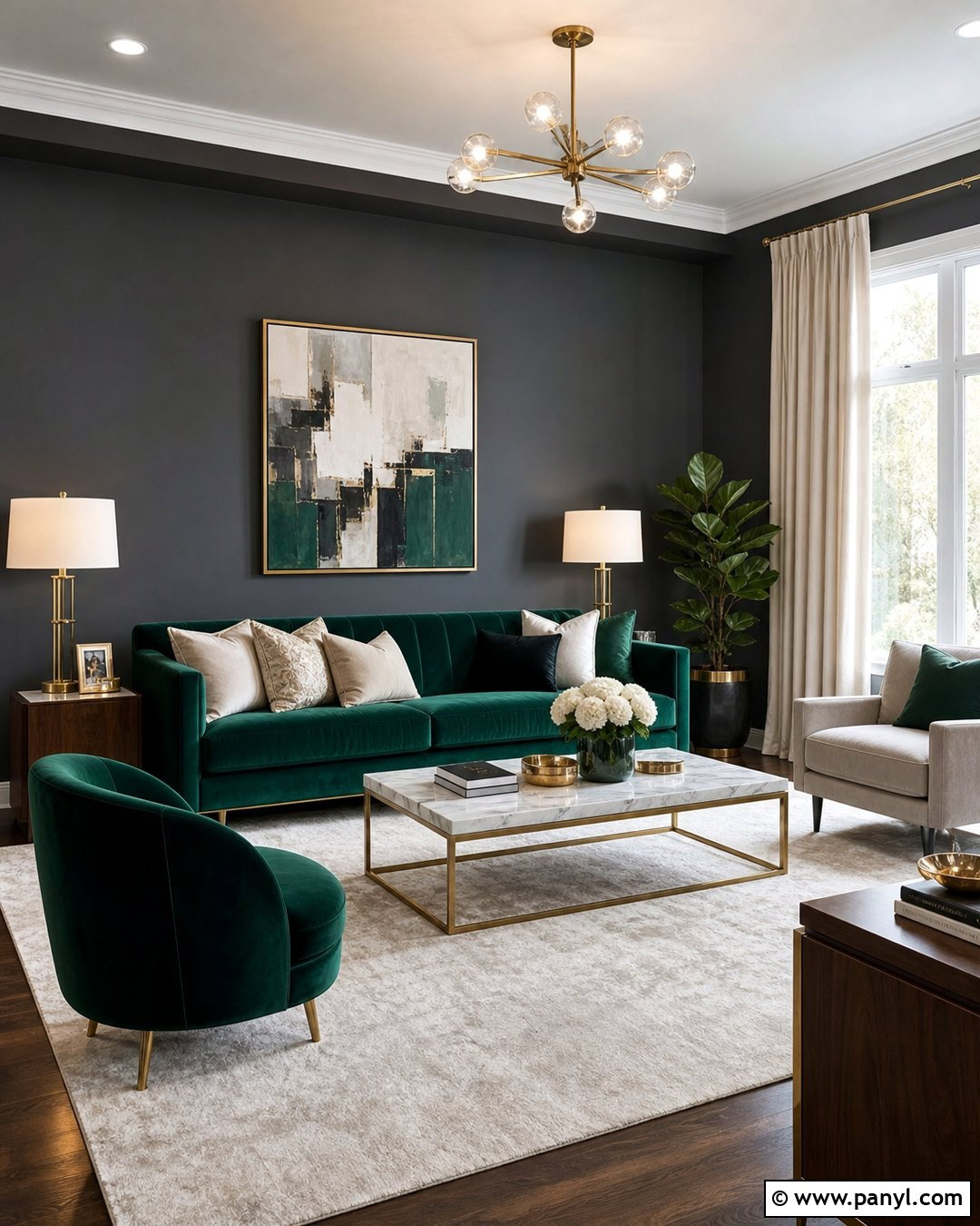 Dark Grey Walls With Emerald Green Accents - 25 Dark Grey Wall Color Ideas