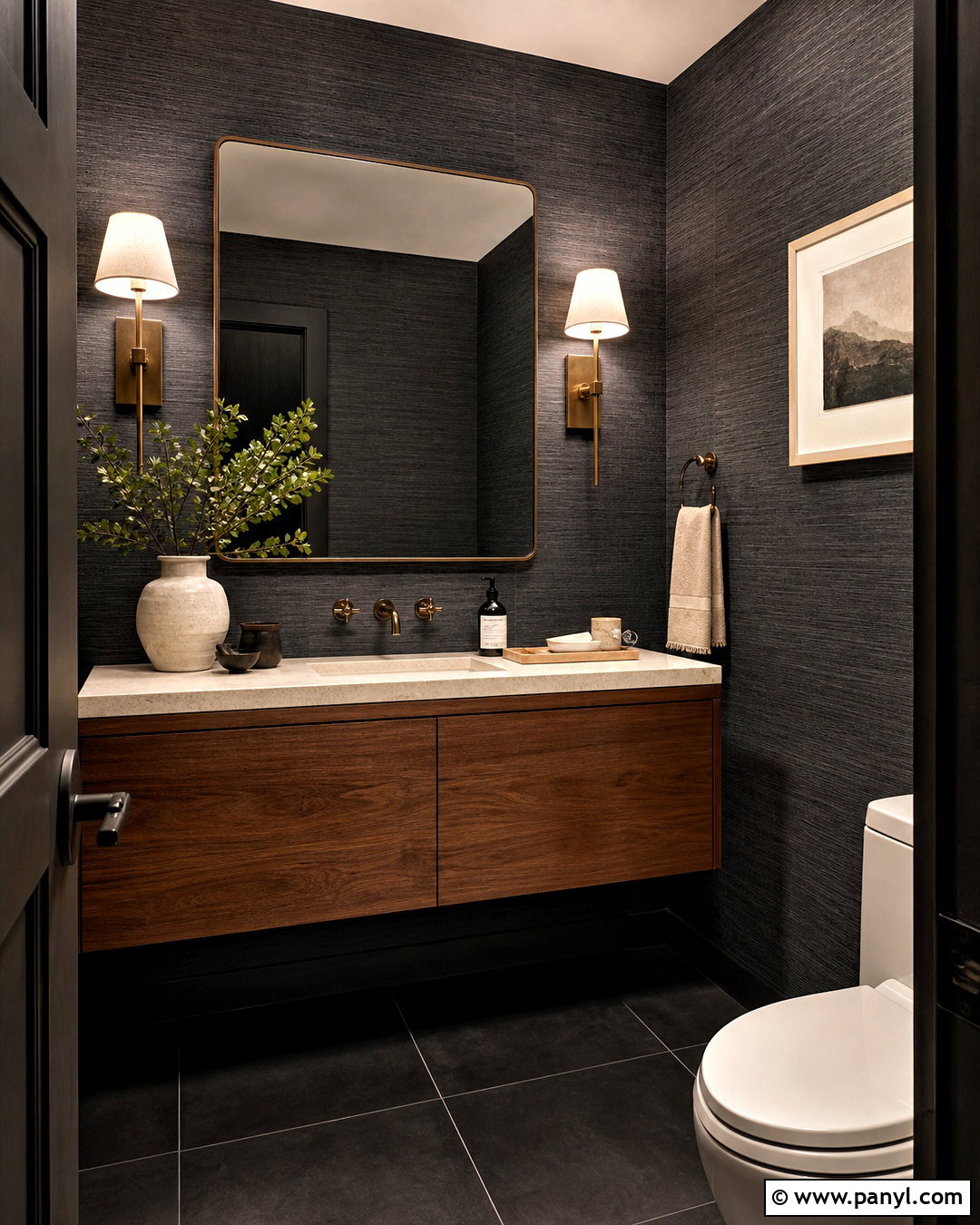 Dark Half Bathroom With Grasscloth Wallpaper - 20 dark half bathroom ideas