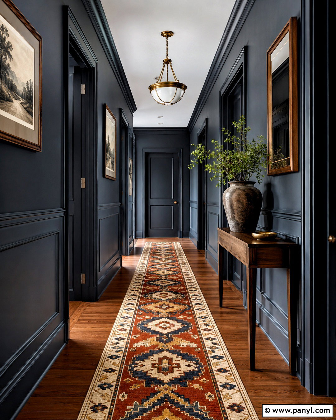 Dark Hallway With Patterned Runner - 20 moody hallway ideas