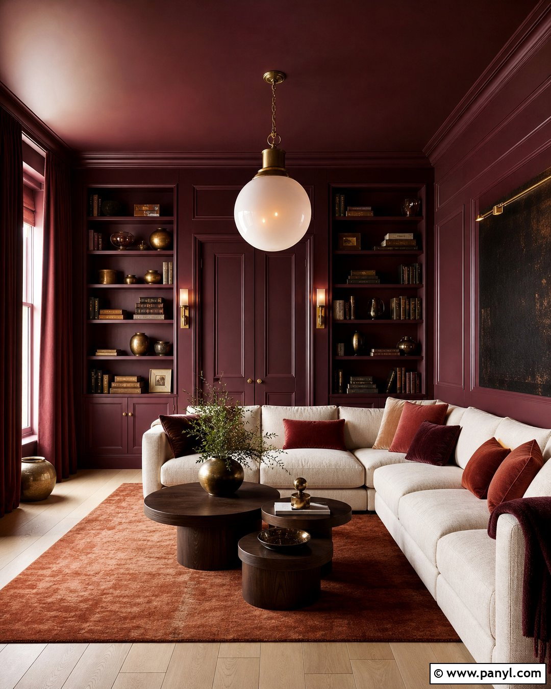 Dark Maroon Color Drenched Living Room - 20 Dark Maroon Walls