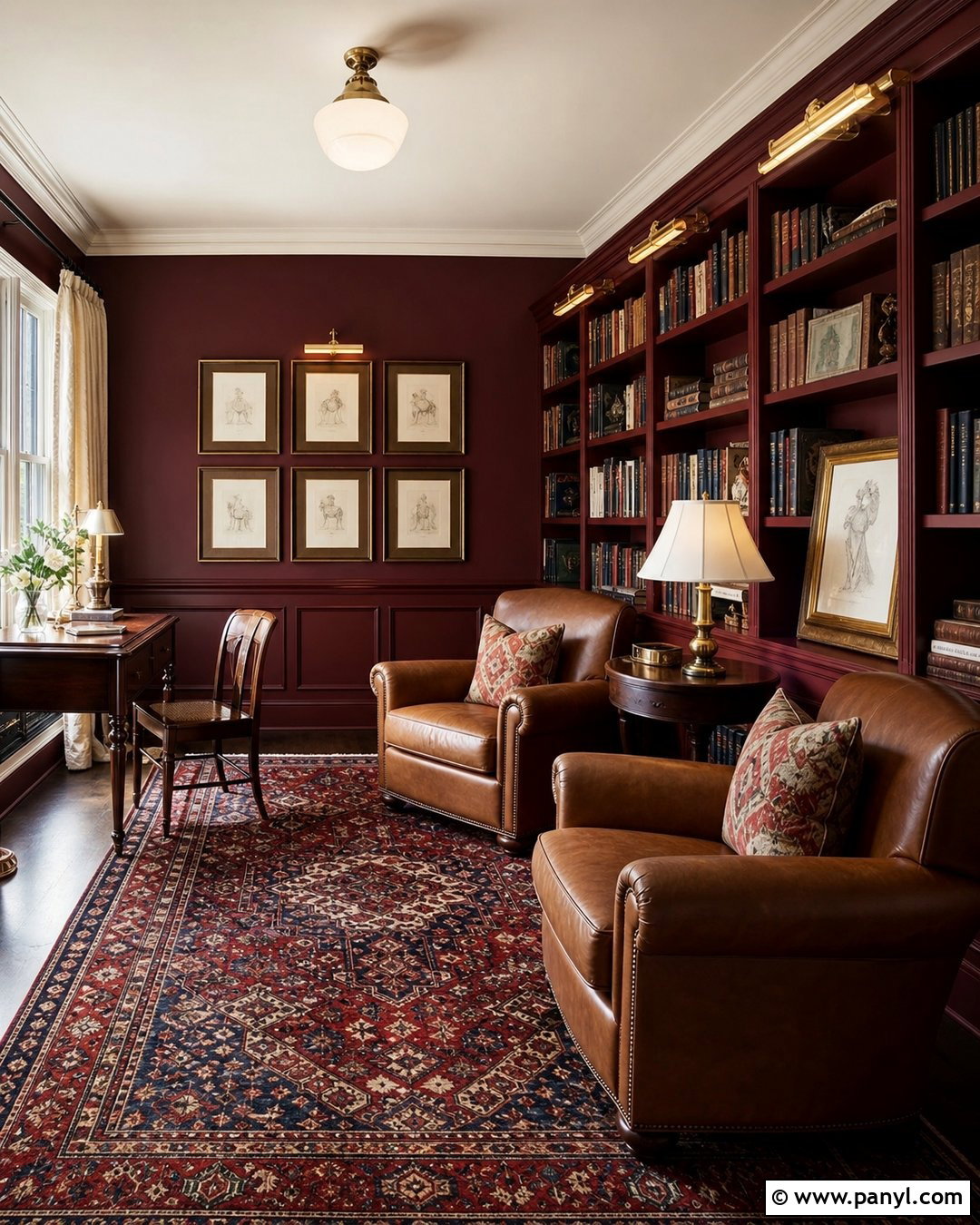 Dark Maroon Library Walls With Leather Seating - 20 Dark Maroon Walls