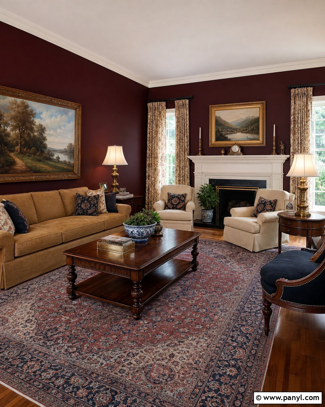 Dark Maroon Traditional Living Room Walls - 20 Dark Maroon Walls