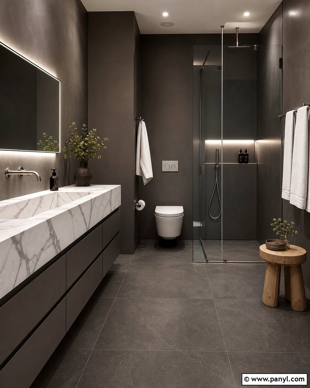 Dark Minimalist Bathroom With Veined Marble Sink - 20 Modern Bathroom With Dark Walls And Marble Sink Ideas