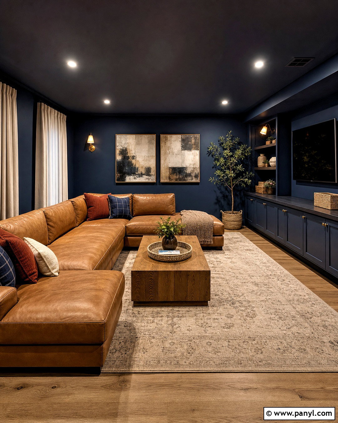 Dark Navy Basement Lounge - 20 moody basement ideas