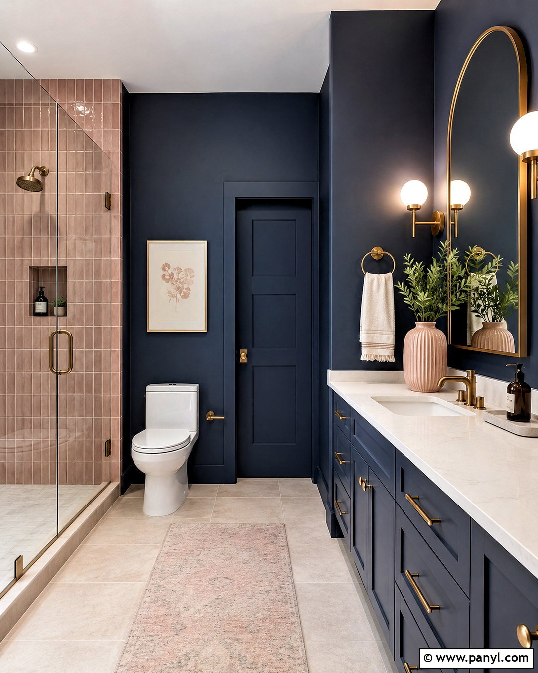 Dark Navy Bathroom With Blush Accents - 20 dark navy bathroom ideas
