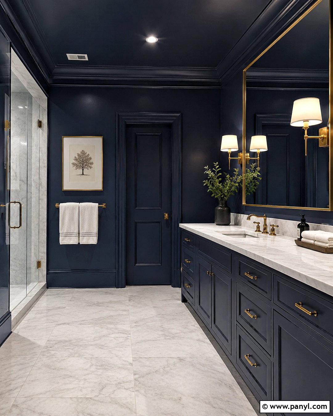 Dark Navy Bathroom With Color-Drenched Walls - 20 dark navy bathroom ideas