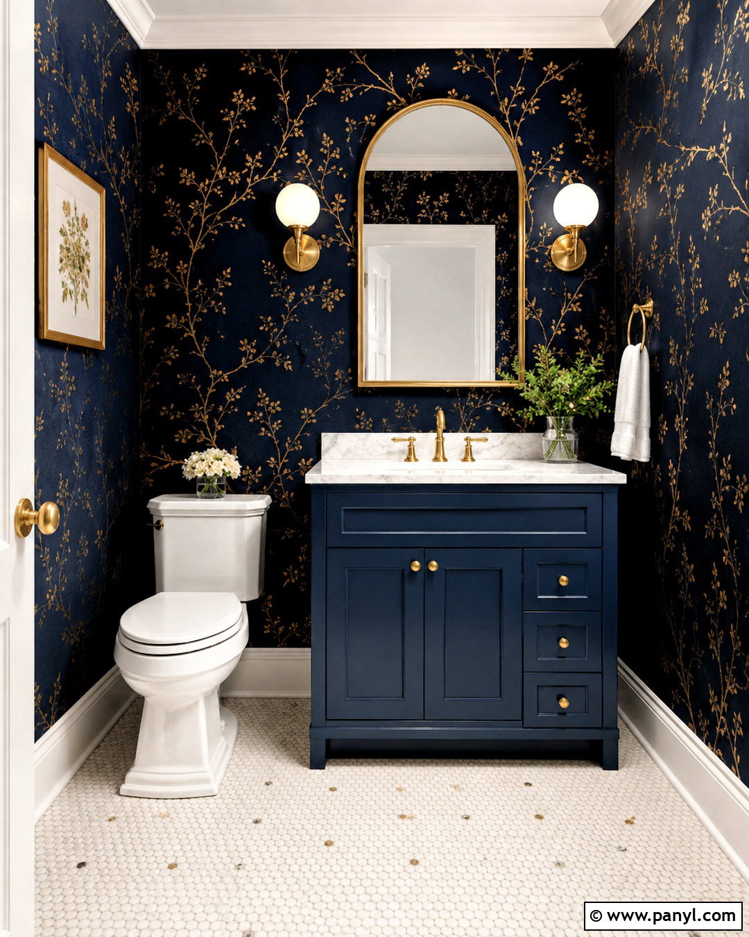 Dark Navy Bathroom With Gold Wallpaper - 20 dark navy bathroom ideas