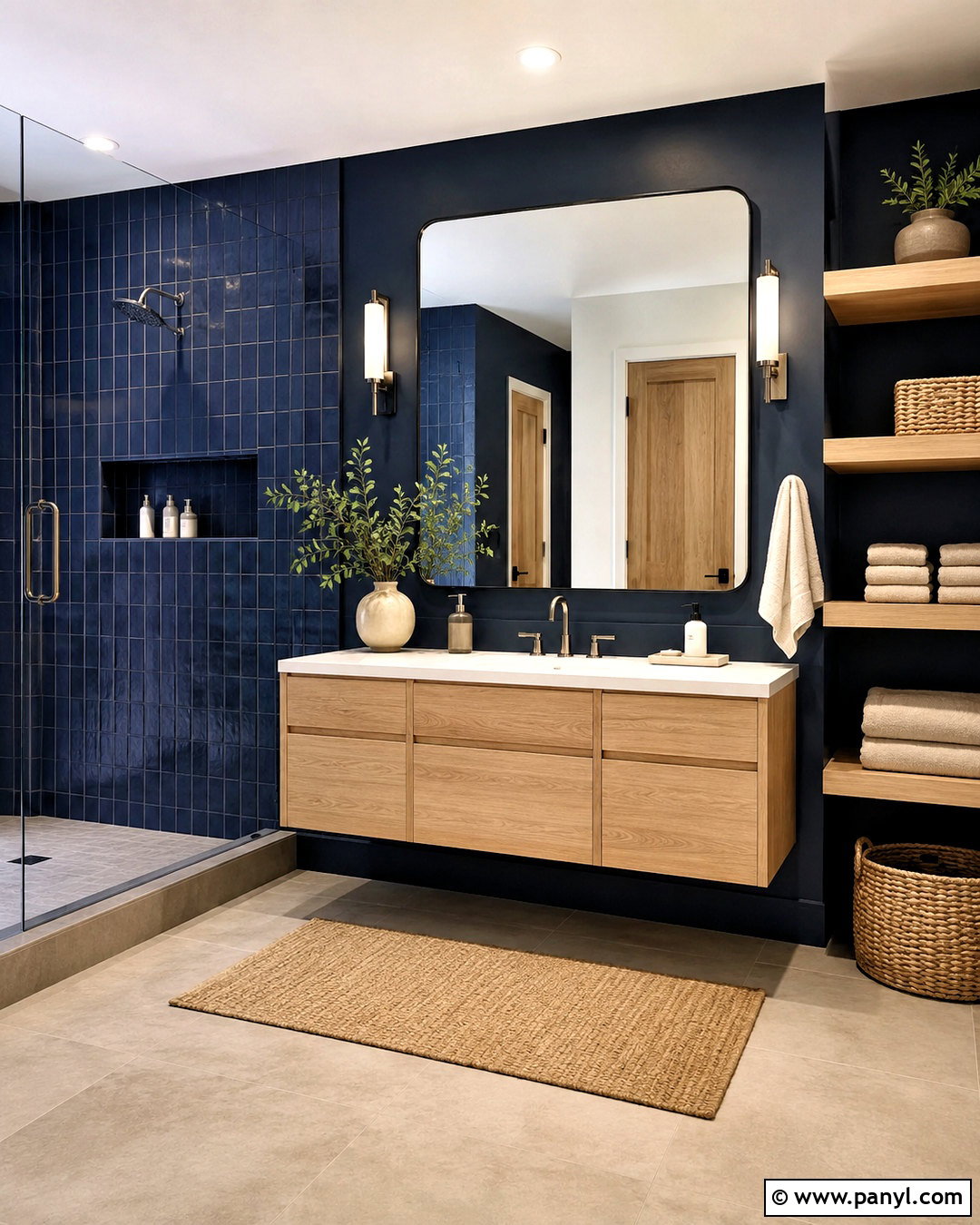 Dark Navy Bathroom With Natural Wood - 20 dark navy bathroom ideas