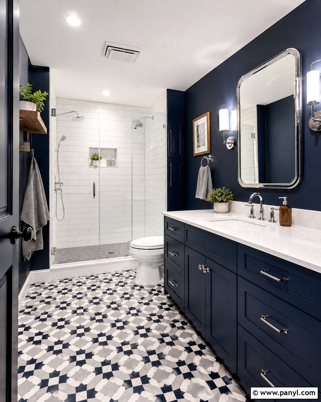 Dark Navy Bathroom With Patterned Floor Tile - 20 dark navy bathroom ideas