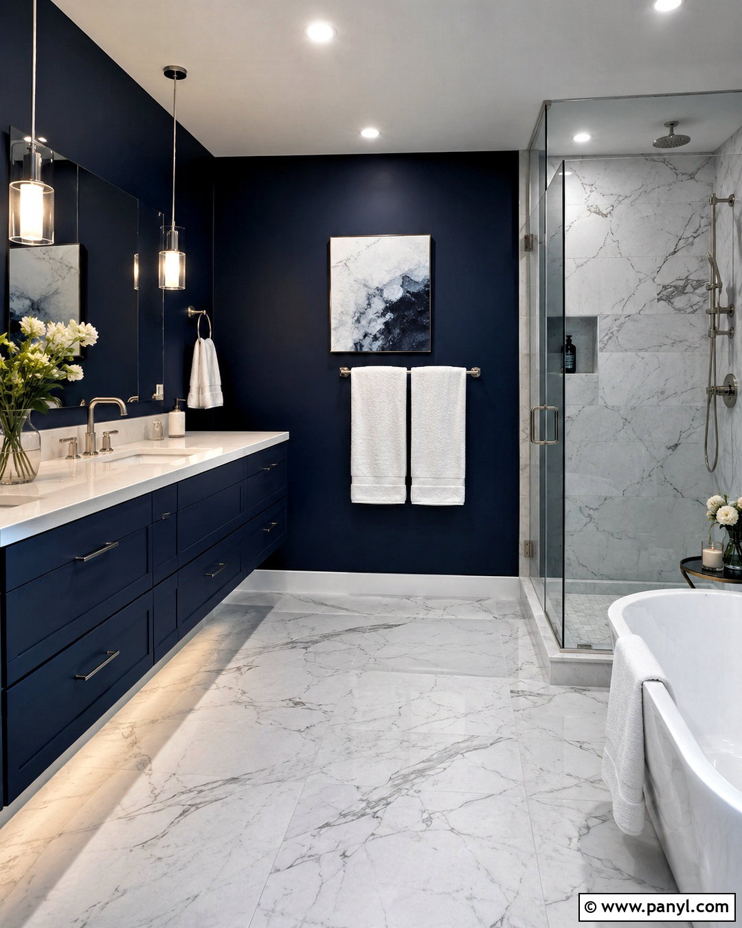 Dark Navy Bathroom With White Marble - 20 dark navy bathroom ideas