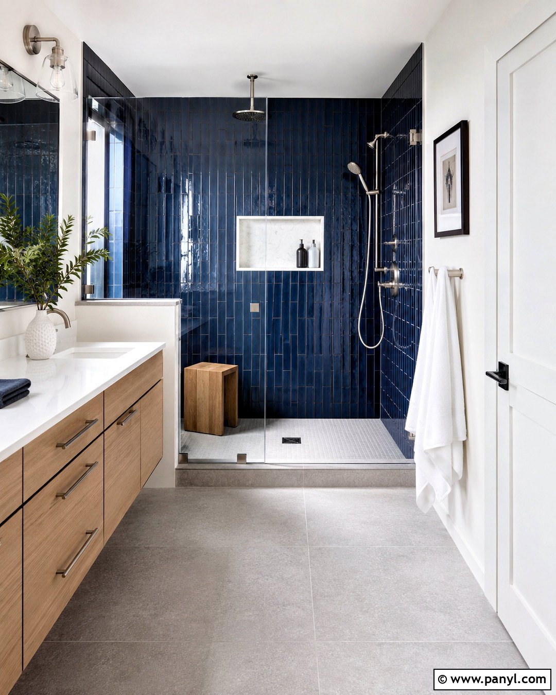 Dark Navy Bathroom With a Walk-In Shower - 20 dark navy bathroom ideas