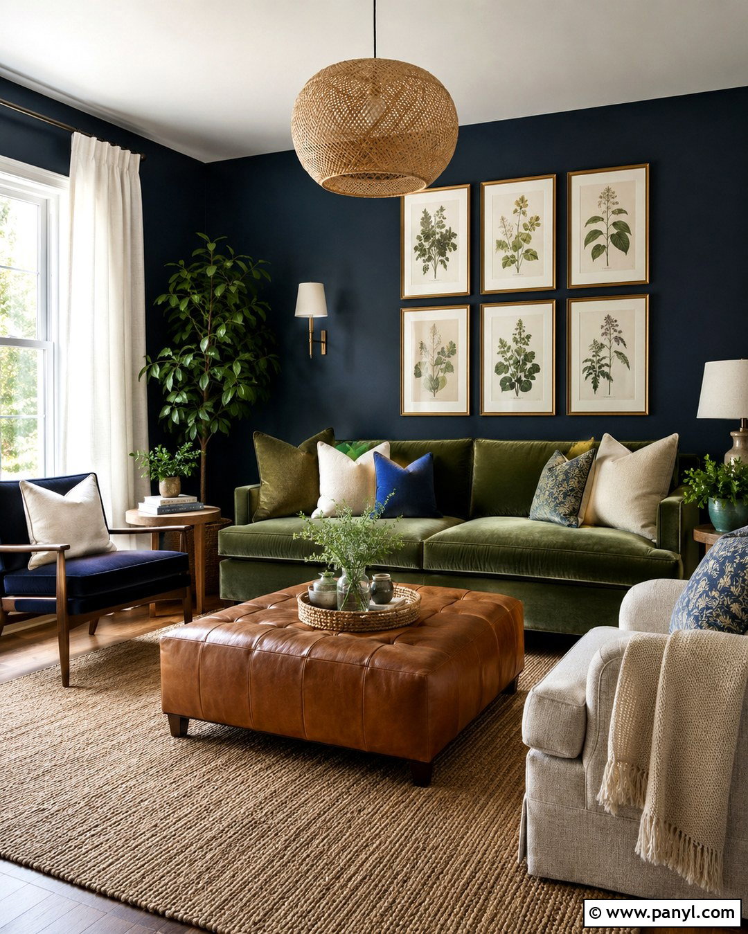 Dark Navy Blue Wall With Green Decor - 20 Dark Navy Blue Wall Ideas
