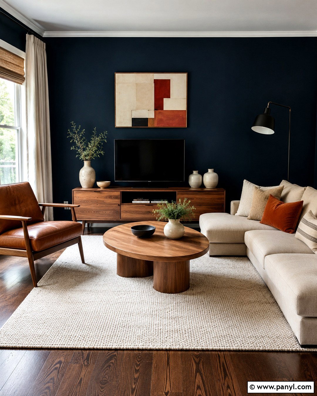 Dark Navy Blue Wall With Warm Wood - 20 Dark Navy Blue Wall Ideas