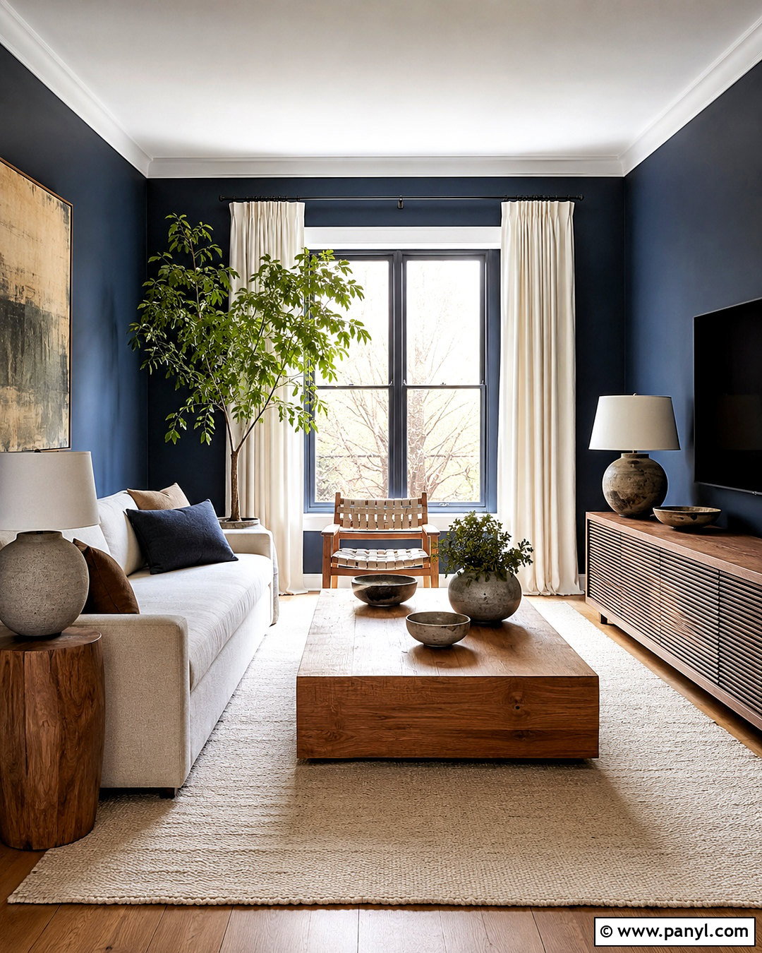 Dark Navy Living Room With Natural Wood - 20 dark navy living room ideas