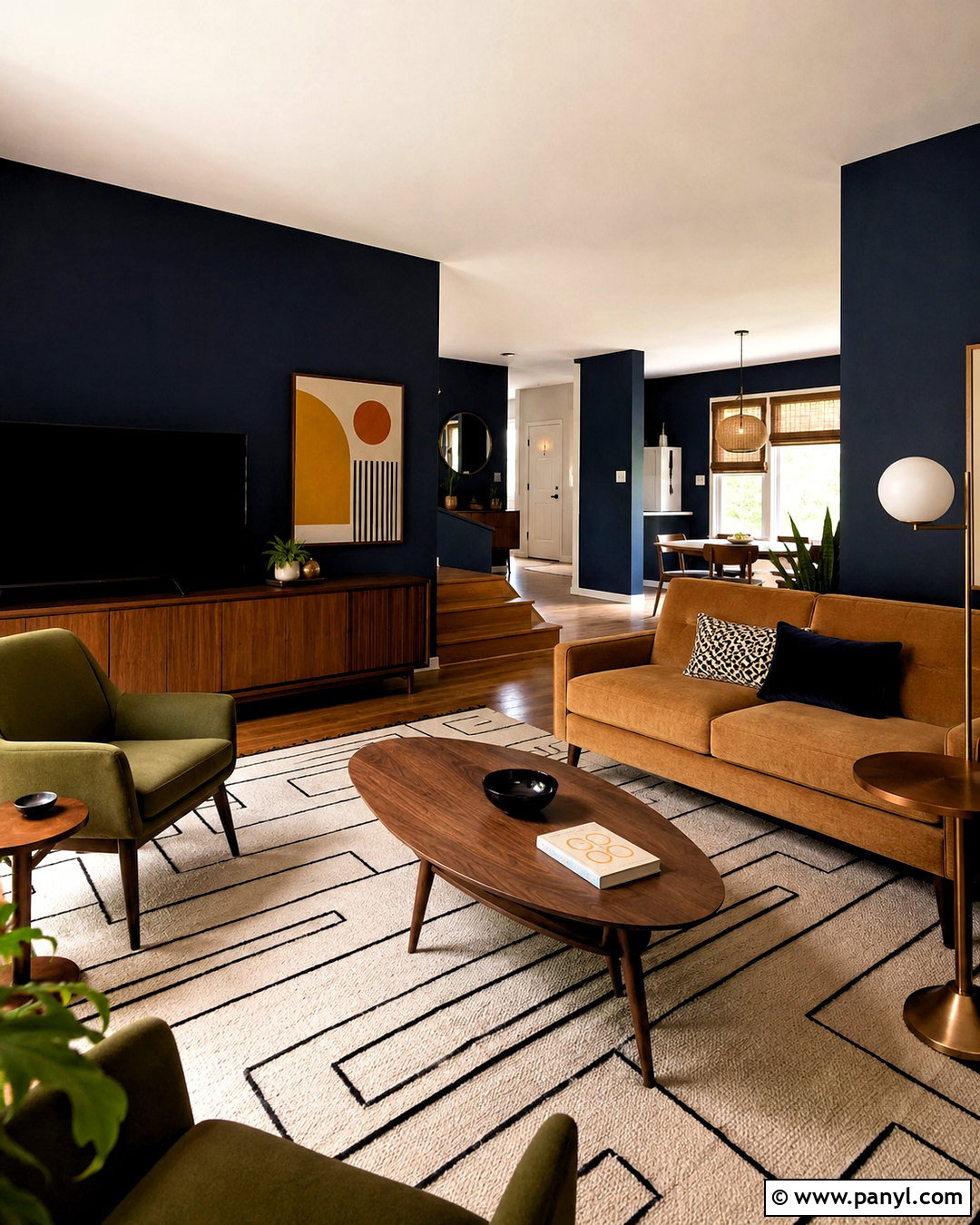 Dark Navy Midcentury Living Room - 20 dark navy living room ideas
