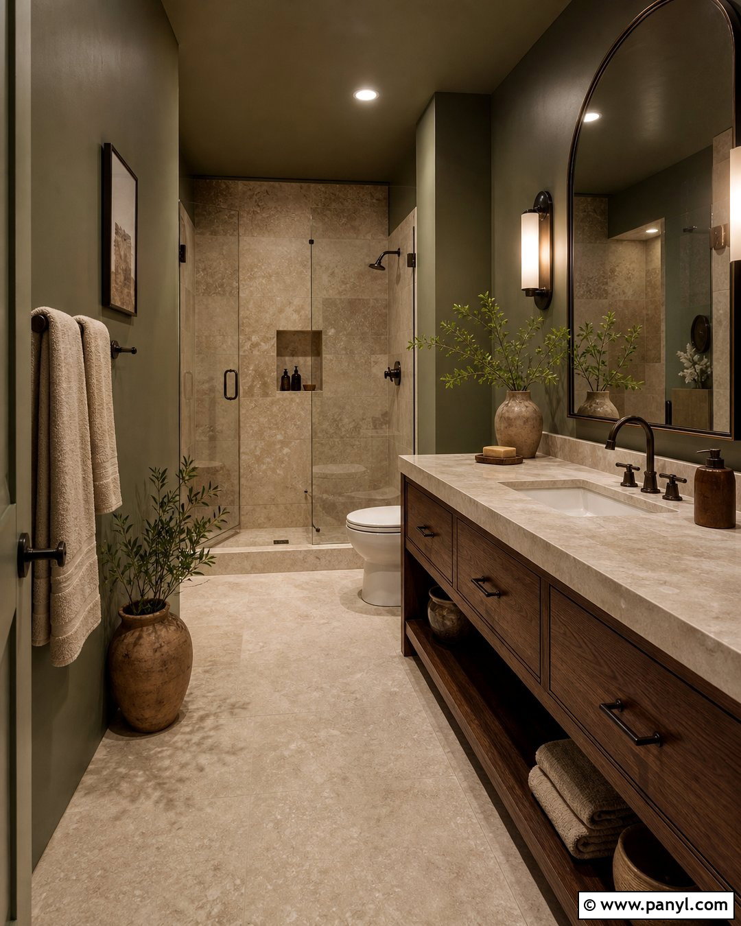 Dark Olive Bathroom Walls With Beige Stone - 30 Bathroom Dark Walls
