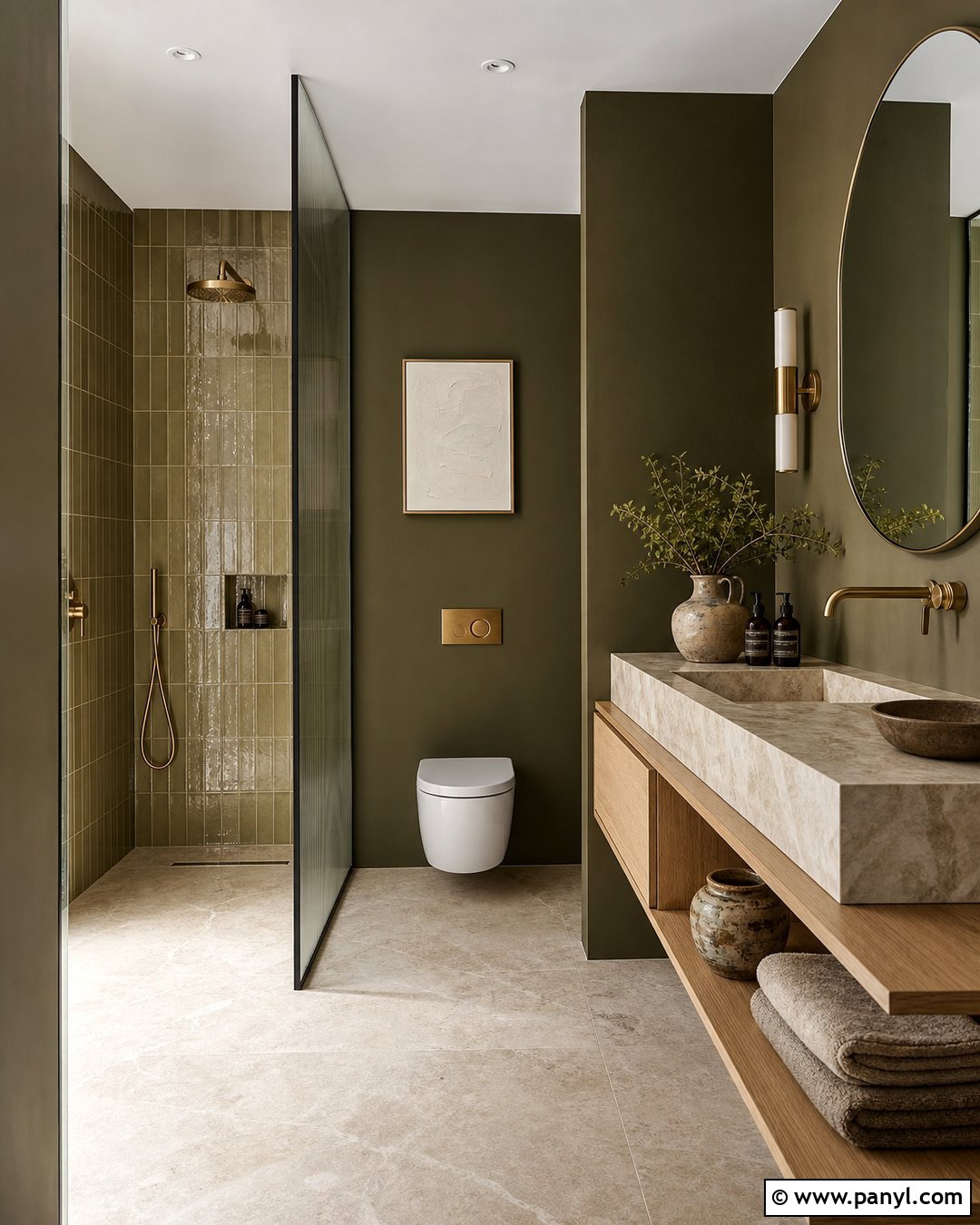 Dark Olive Bathroom With Beige Marble Sink - 20 Modern Bathroom With Dark Walls And Marble Sink Ideas