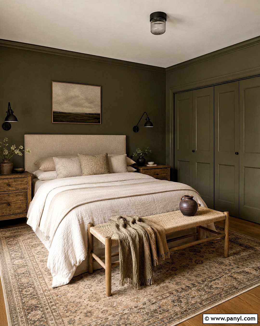 Dark Olive Bedroom With Linen Textures - 20 dark painted bedrooms
