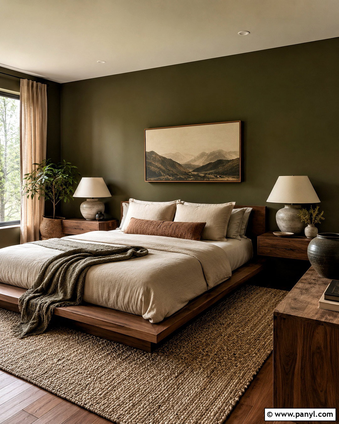 Dark Olive Bedroom With Warm Wood - 20 dark green bedroom aesthetic ideas