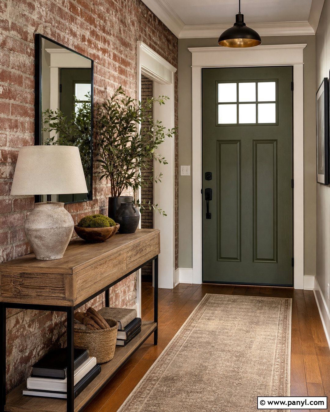 Dark Olive Door With Brick Pattern Wall - 20 Green Door With Patterned Wall Ideas