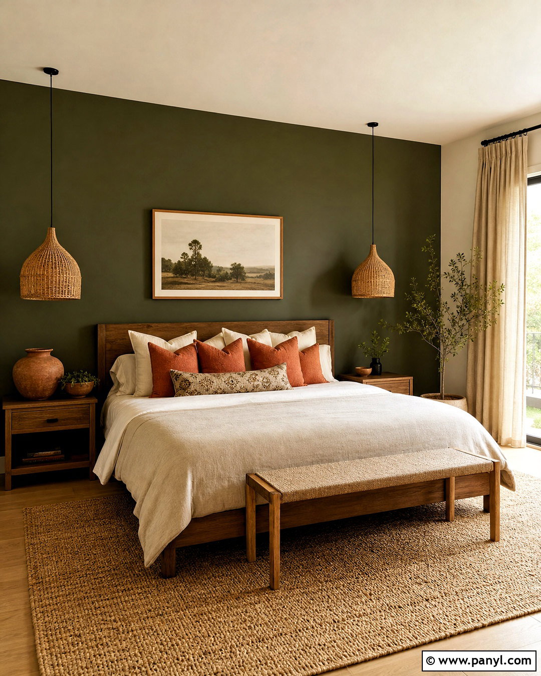 Dark Olive Green Accent Wall With Linen Bedding - 20 dark green accent wall bedroom ideas