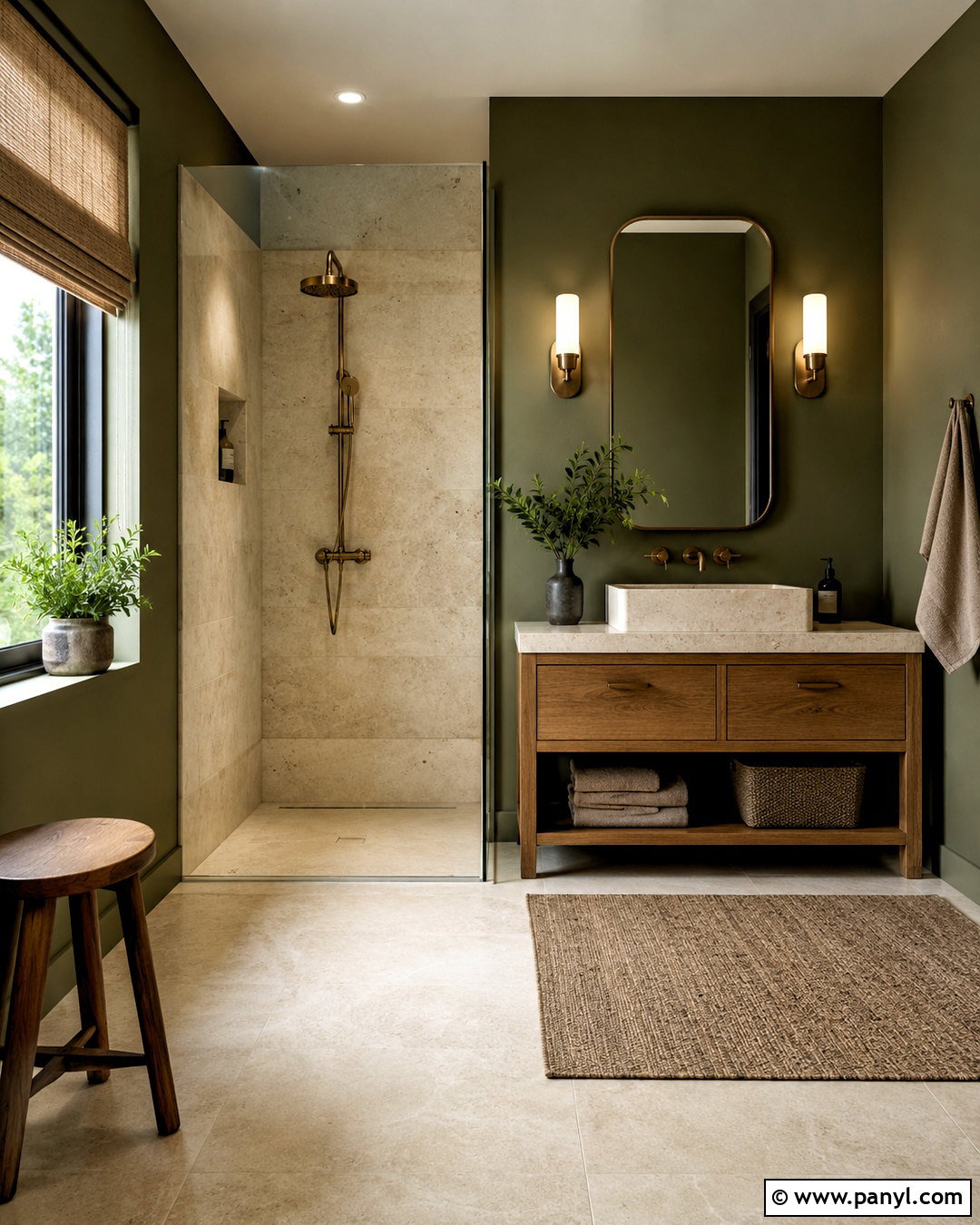Dark Olive Green Bathroom With Travertine - 20 dark green bathroom decor ideas