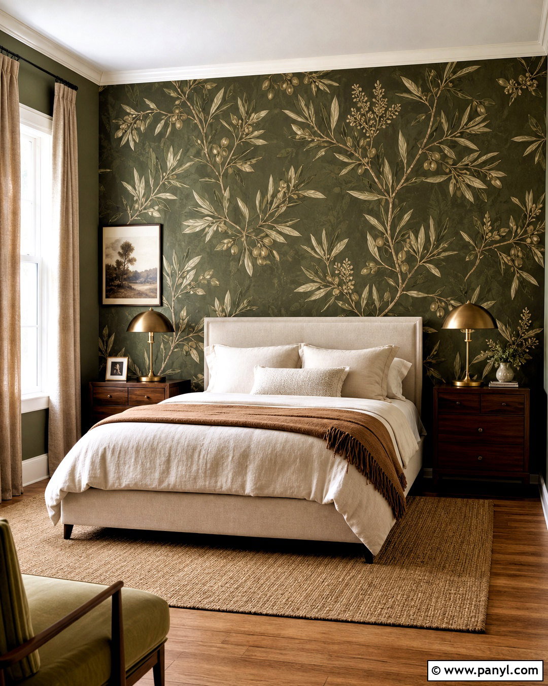 Dark Olive Green Bedroom With Botanical Wallpaper - 20 dark olive green bedroom ideas