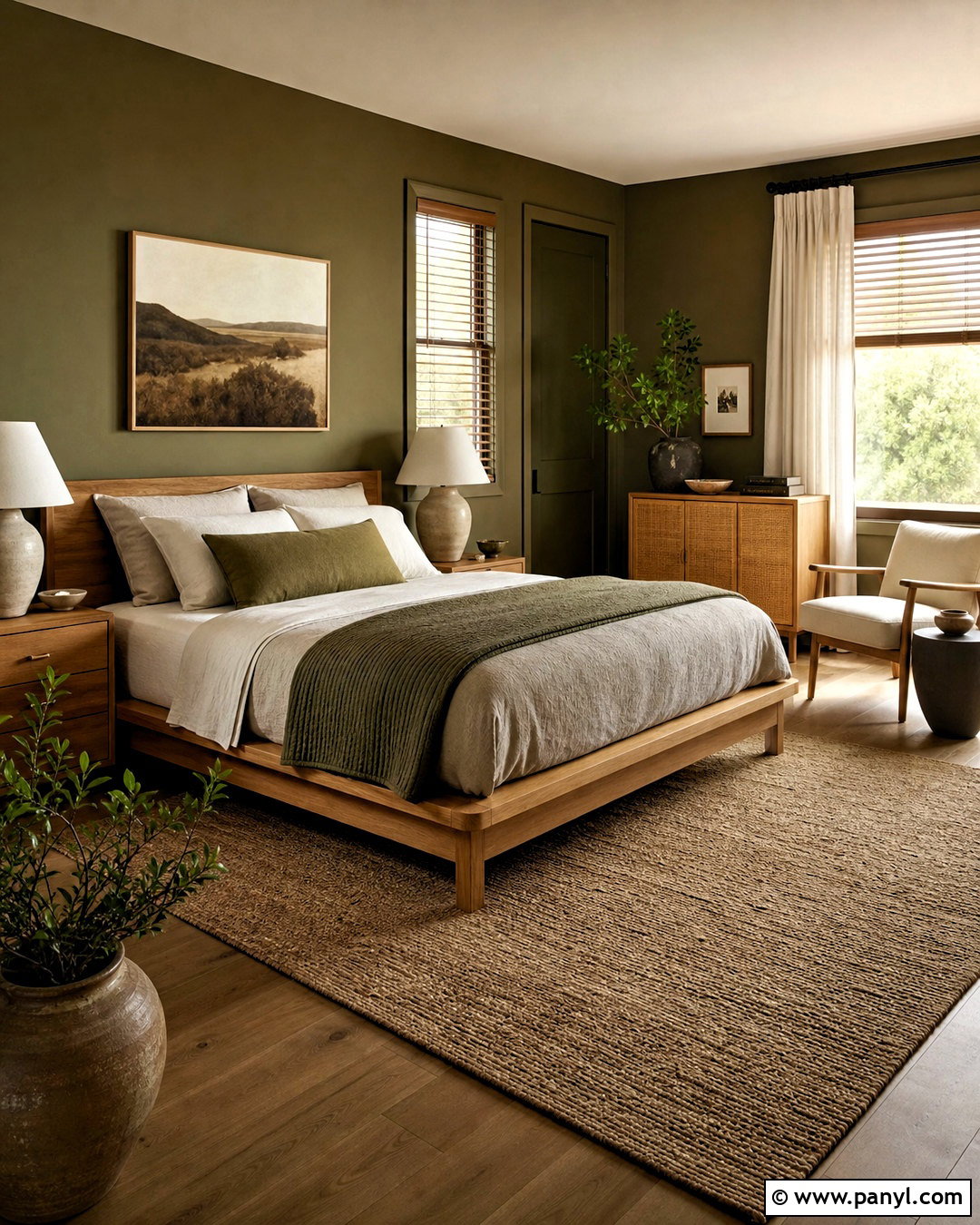 Dark Olive Green Bedroom With Natural Wood - 20 dark olive green bedroom ideas