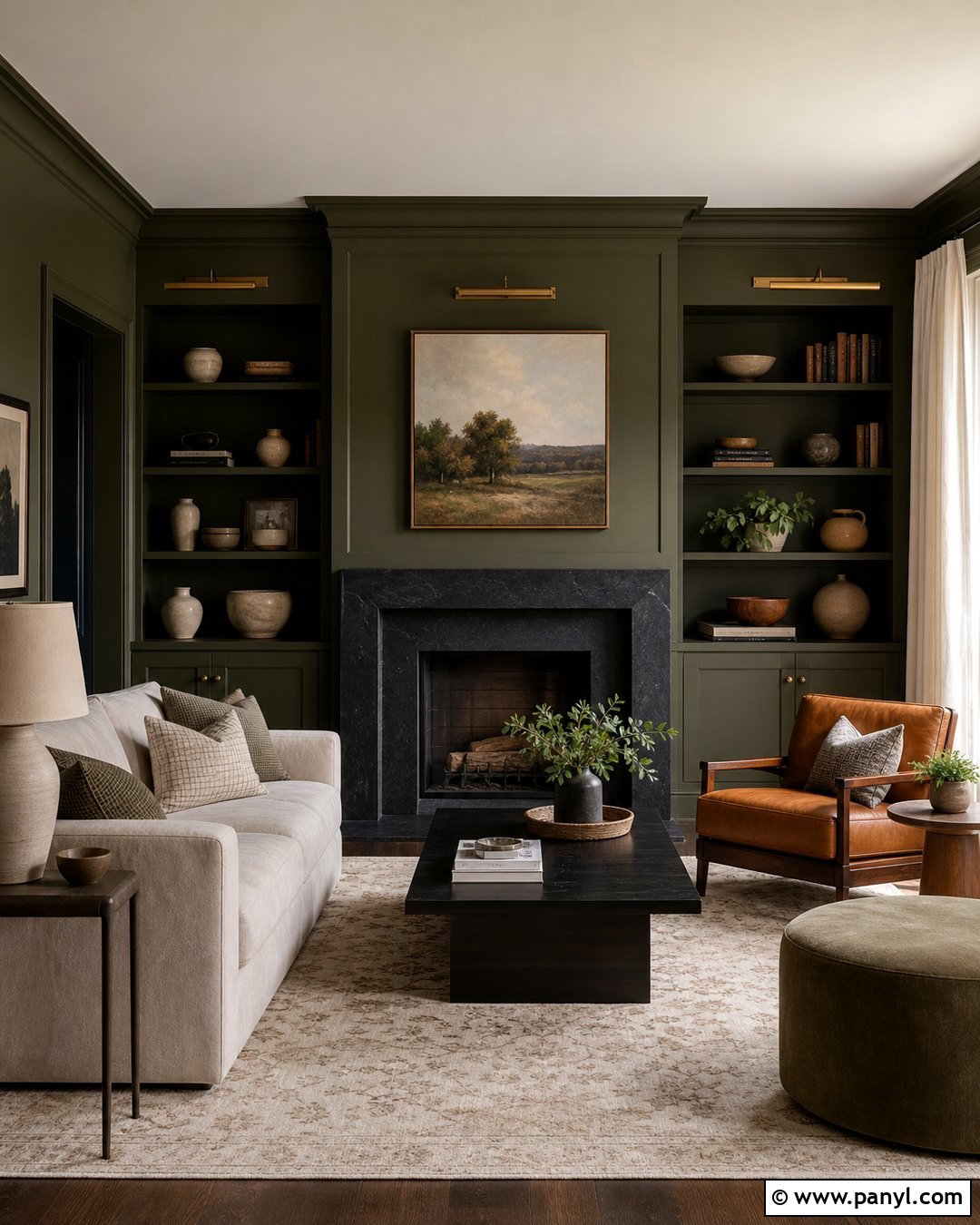 Dark Olive Green Fireplace Wall Color Drenching - 20 Olive Green Fireplace Wall Ideas