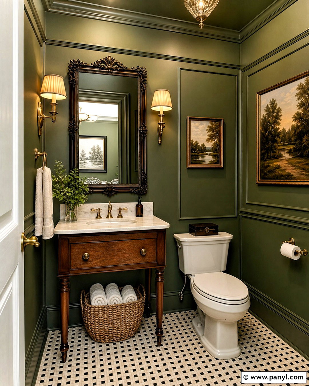 Dark Olive Half Bathroom With Vintage Fixtures - 20 dark half bathroom ideas