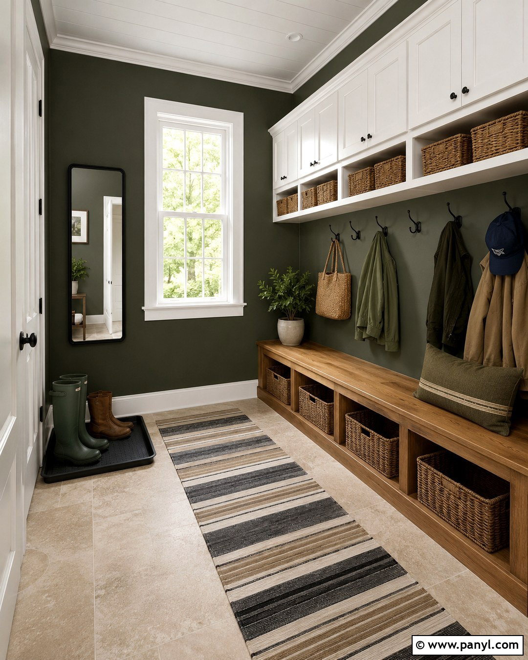 Dark Olive Mudroom With White Windows - 20 Dark Walls White Windows