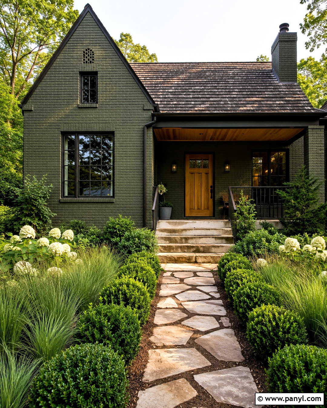 Dark Olive Painted Brick With Bronze Details - 20 dark painted brick exterior ideas