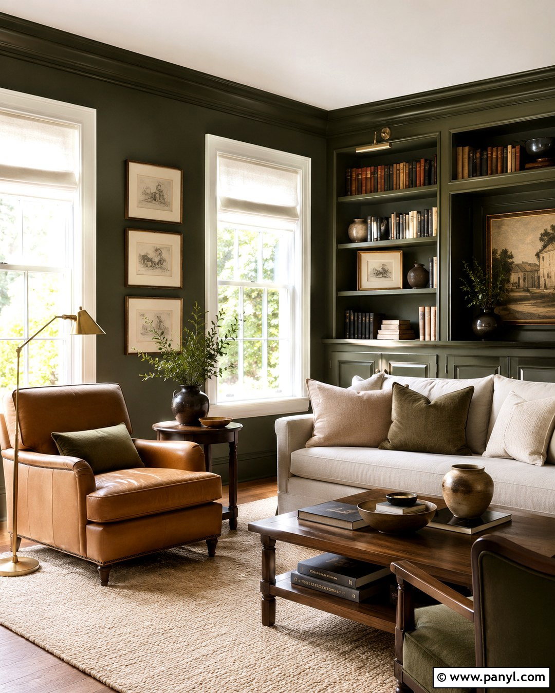 Dark Olive Reading Room With White Windows - 20 Dark Walls With White Windows