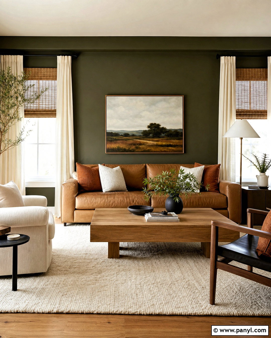 Dark Olive Wall With Tan Leather - 20 dark feature wall living room ideas