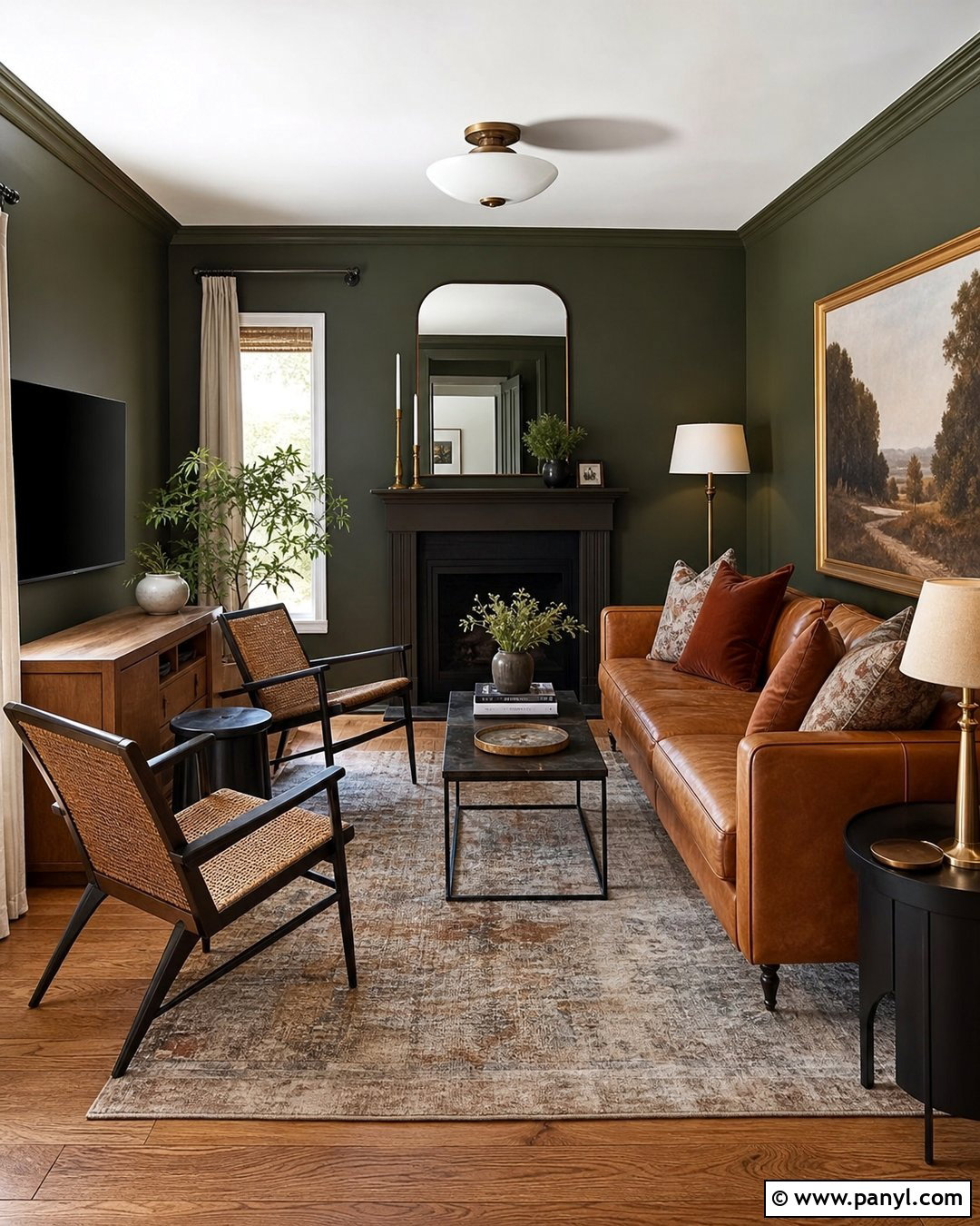 Dark Olive Walls With Cognac Leather - 25 Dark Olive Walls