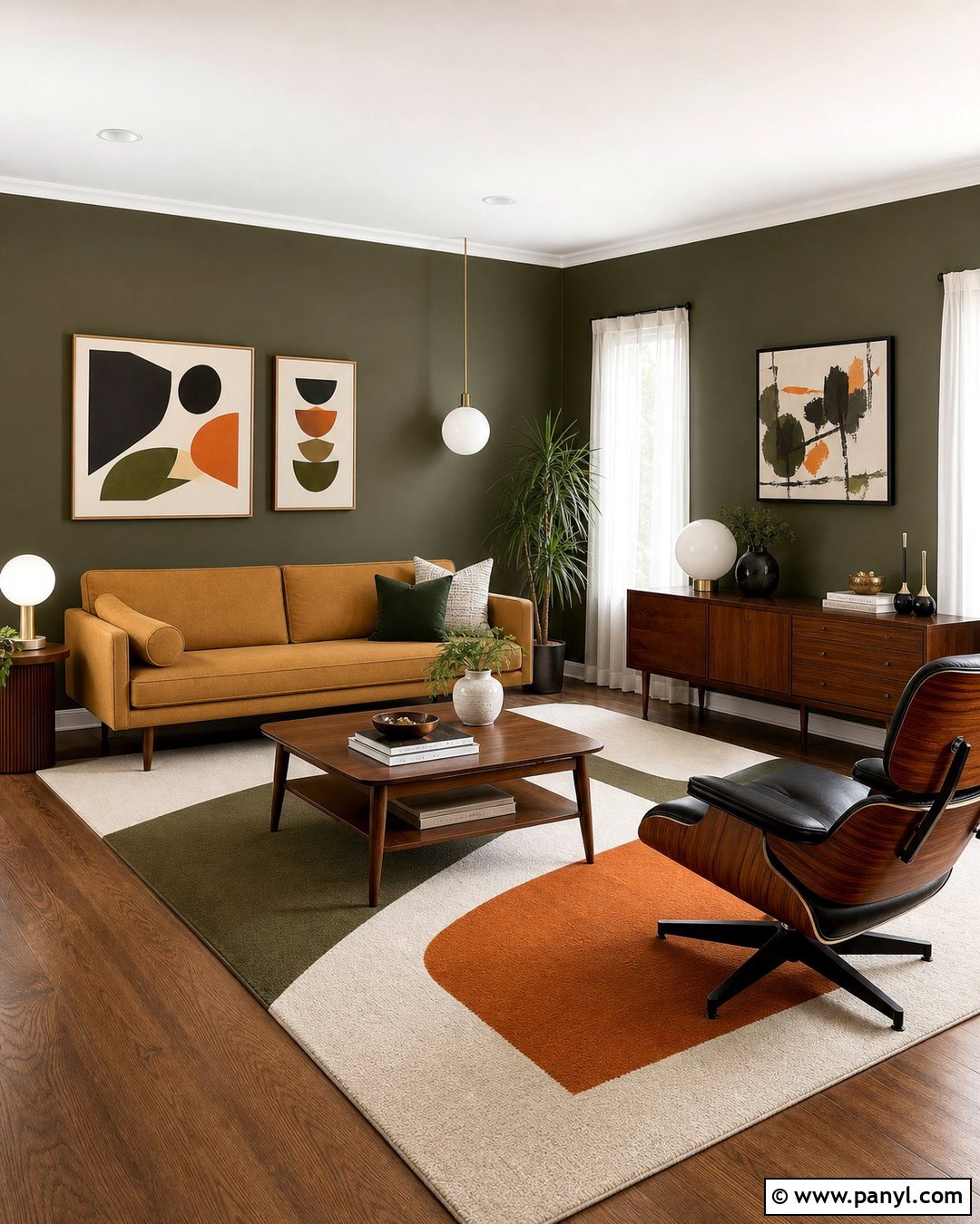 Dark Olive Walls With Midcentury Furniture - 25 Dark Olive Walls