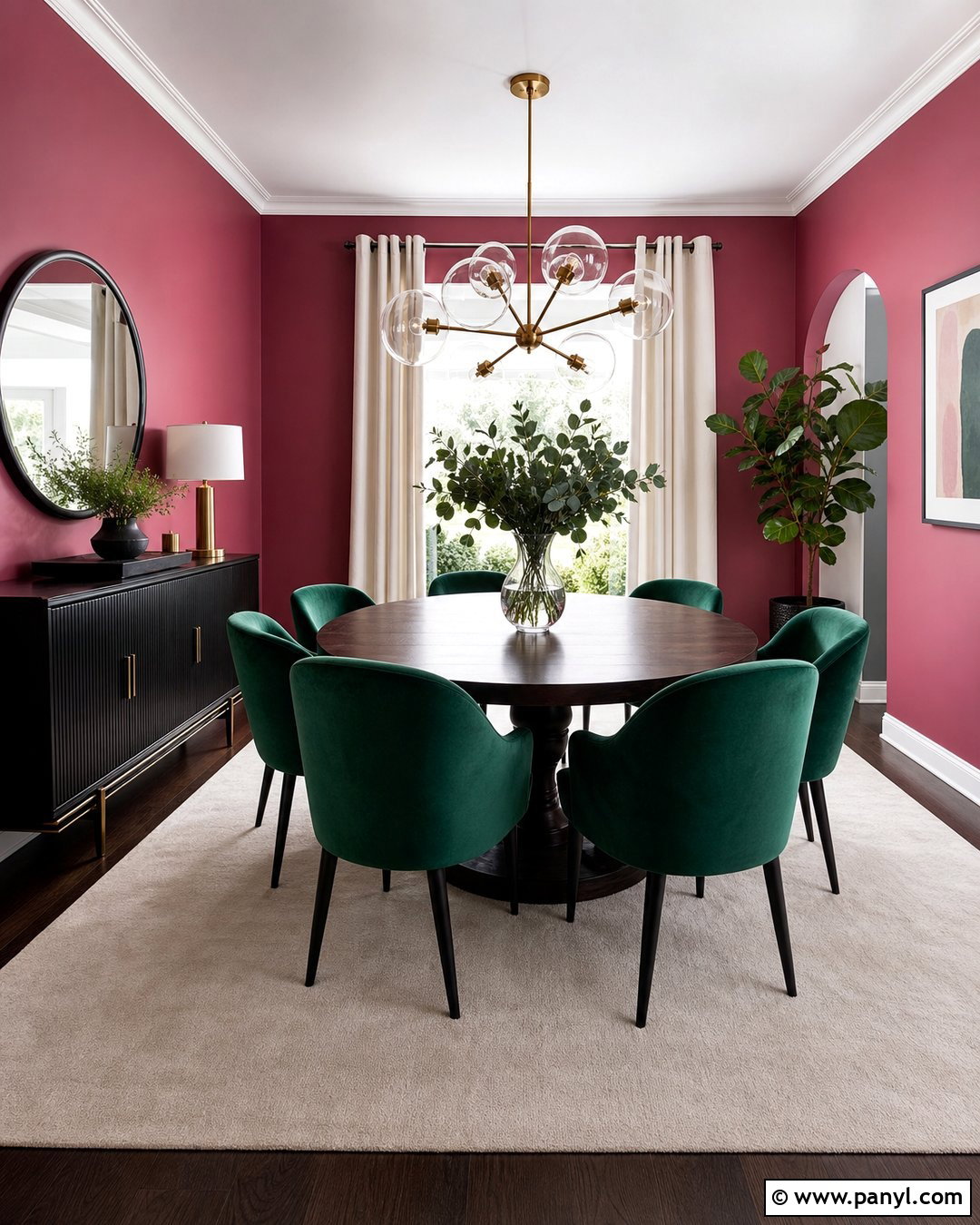 Dark Pink Dining Room With Emerald Chairs - 35 dark pink walls