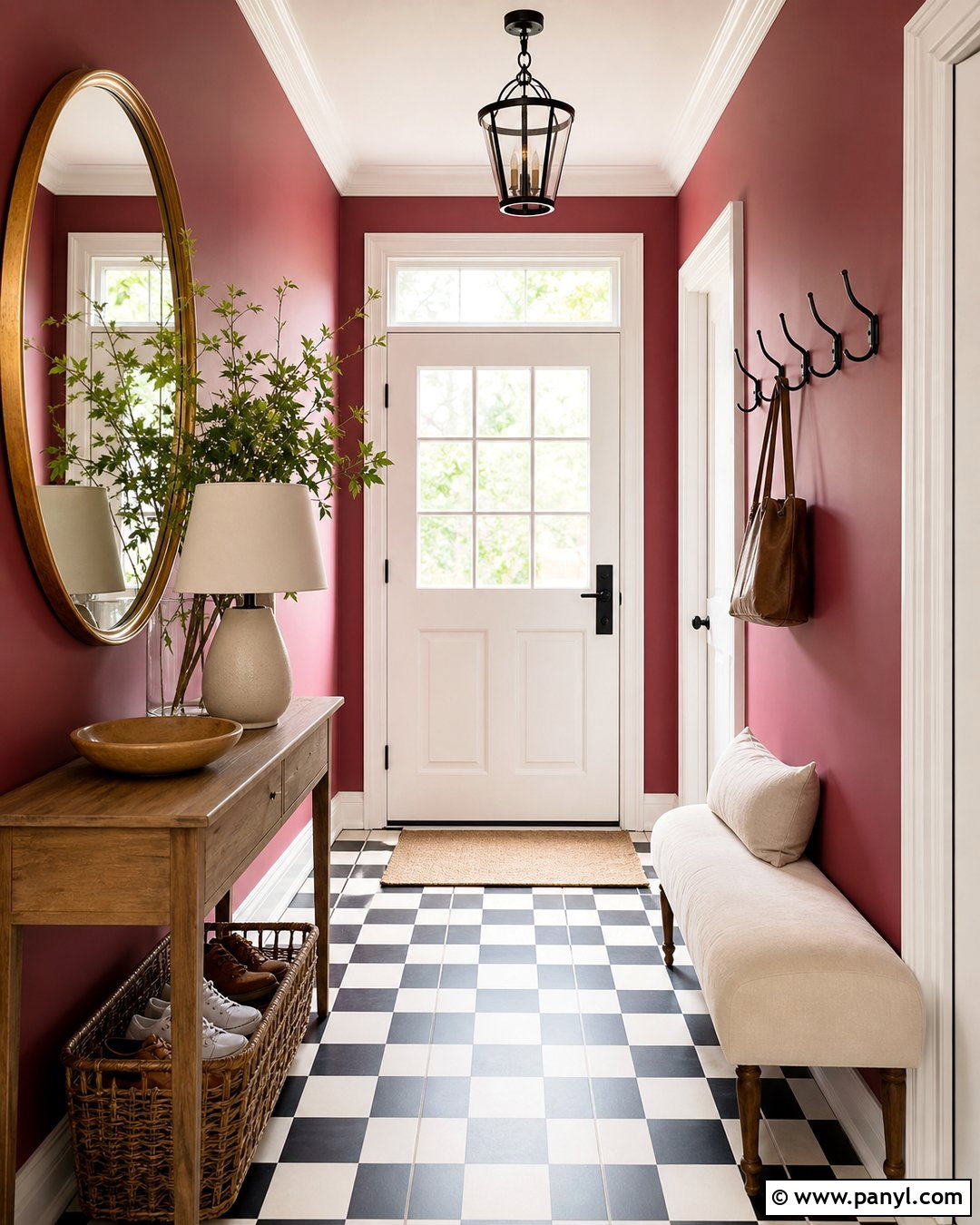Dark Pink Entryway With Checkered Floor - 35 dark pink walls