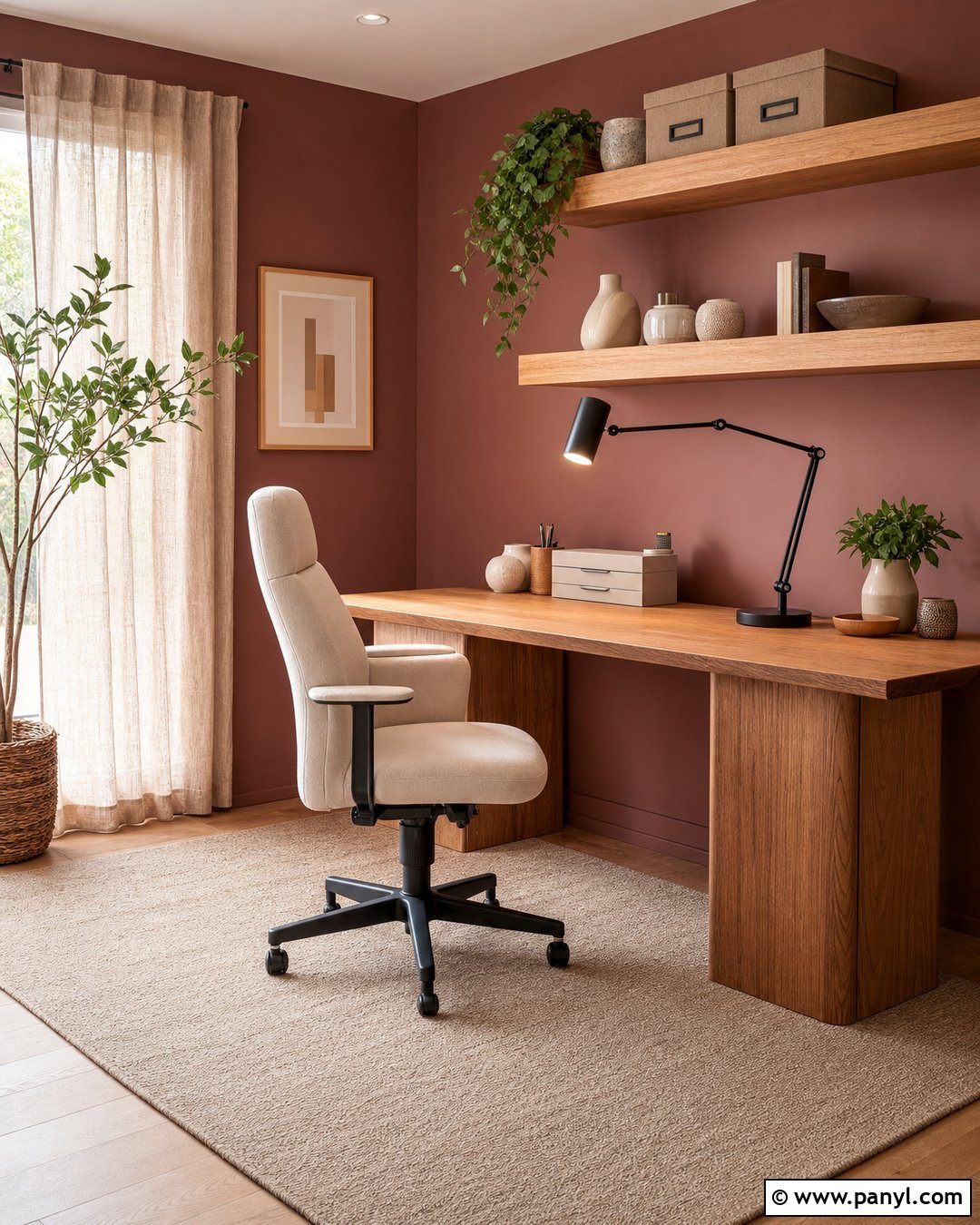 Dark Pink Home Office With Wood Shelves - 35 dark pink walls