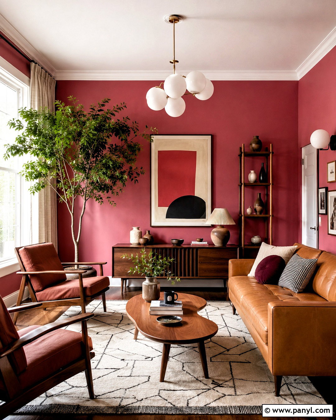 Dark Pink Living Room With Midcentury Furniture - 20 dark pink living room ideas